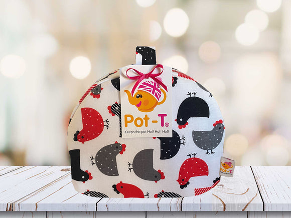 Pot-T INSULATED Tea Cosy Cozy in Black and red chickens in Mini size