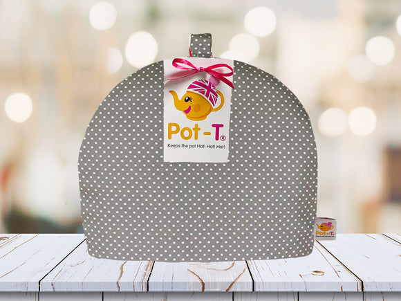 Pot-T INSULATED Tea Cosy Cozy in Silver Grey Polka in Standard size