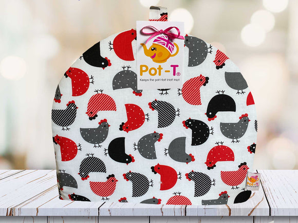 Pot-T INSULATED Large Tea Cosy Cozy in Black and Red Chickens in Maxi size