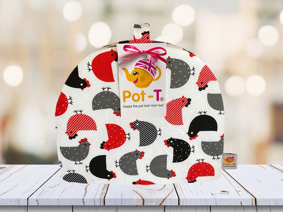 Pot-T INSULATED Tea Cosy Cozy in Black and red chickens in Standard size